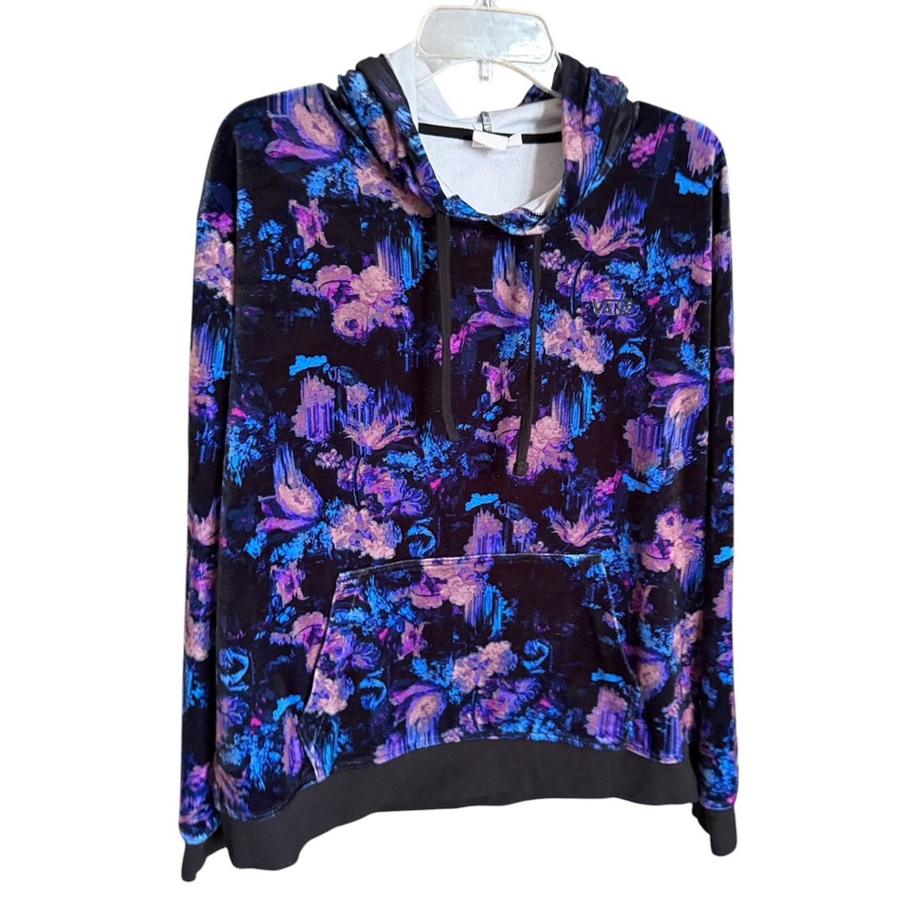 Vans Womens Large Velour‎ Floral Hoodie Black Blue Purple Pullover Sweatshirt